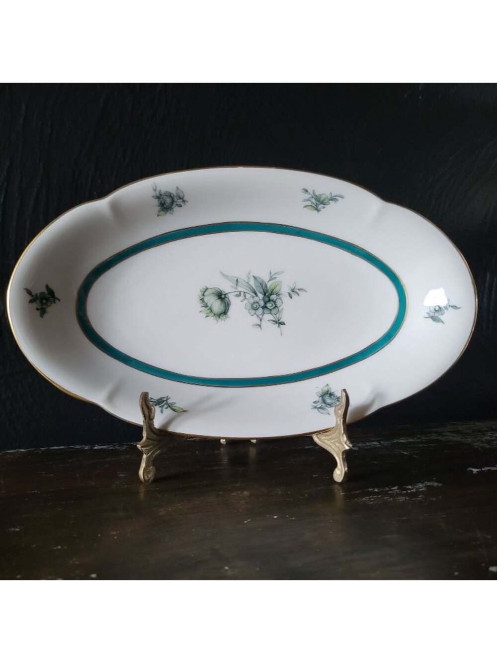 Vtg Royal Bayreuth Teal Tulip Relish Dish Serving Bowl Floral Design Gold Trim